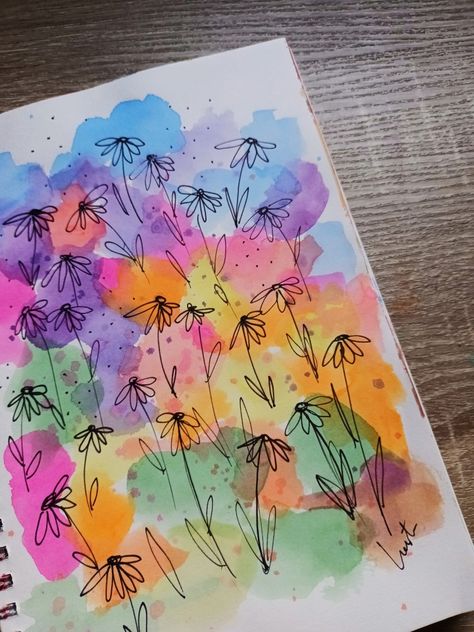 Easy Art Inspo Painting, Bright Watercolor Flowers, Watercolor Washi Tape Art, Happy Watercolor Paintings, Watercolor Doodle Ideas, Kid Watercolor Ideas, Easy Watercolor Doodles, Summer Watercolor Ideas, Watercolor Doodles Easy