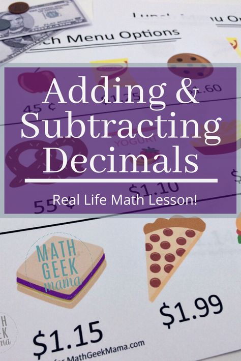 Use this real life "what's for lunch" scenario to help kids practice adding and subtracting decimals!  #addition #subtraction #math #decimals Teaching Decimals With Money, Adding And Subtracting Decimals Activity, Adding Decimals Activity, Comparing Decimals Activities, Add And Subtract Decimals, Subtract Decimals, Adding And Subtracting Decimals, Decimals Addition, Money Math Worksheets