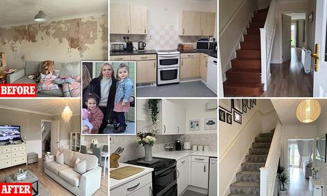 Single mother-of-two reveals incredible £218 makeover of rented home Council House Kitchen Makeover, Ex Council House Makeover, Council House Kitchen, Council House Makeover, Council House Renovation, Valspar Paint Colors, Council House, Wooden Cupboard, Dado Rail