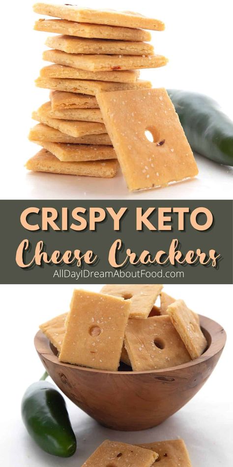 Make easy Keto Cheese Crackers with only 5 ingredients! Crispy, salty, and deliciously cheesy, they taste like your favorite snack crackers but with a fraction of the carbs. Low Card Desserts, Keto Cheese Crackers, Keto Cracker, Keto Crackers Recipe, Keto Chips, Keto Crackers, Keto Board, Low Carb Gluten Free Recipes, Snack Crackers