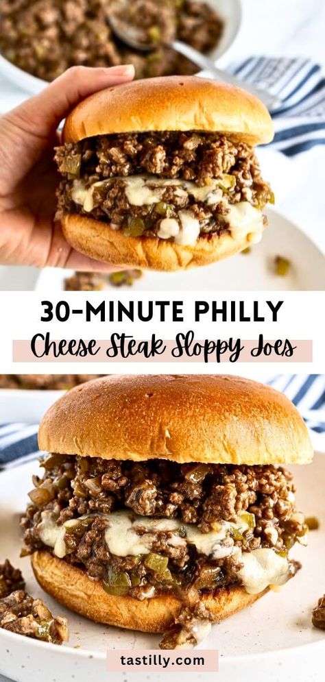 These are not your classic Sloppy Joes. Philly Cheese Steaks Sloppy Joes are a delicious cheesy twist on the original that your family will love. All the ingredients used in the regular sandwiches, but using ground beef! Store Bought Meals, Philly Cheese Steak Sloppy Joes, Cheese Steak Sloppy Joes, Cheesesteak Sloppy Joes, Philly Cheesesteak Sloppy Joes, Cheese Steak Sandwich, Carlsbad Cravings, Sloppy Joes Recipe, Cheese Steak