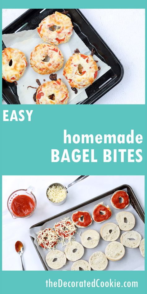 homemade bagel bites - EASY after school snack, ready in minutes Homemade Bagel Bites, Healthy Afternoon Snacks, Bagel Bites, Pizza Bagels, Healthy Sweet Snacks, After School Snack, Homemade Bagels, Frozen Yoghurt, School Snack