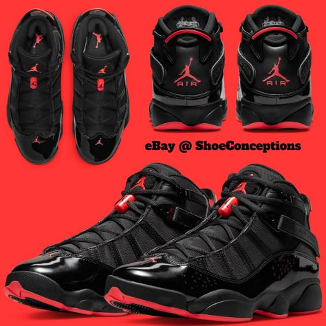 Air Jordan 4, Jordan 6 Black, Luxury Black Jordan Shoes With Red Sole, Black And Red Air Jordans, 6 Rings Jordans, Jordans Outfit For Men, Air Jordan 6 Rings, Red And Black Retro Jordans, Wu Wear