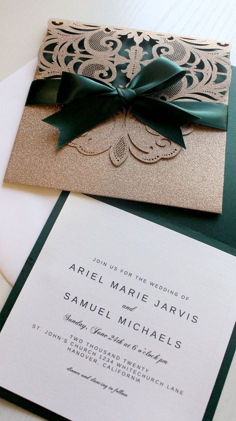 Green And Gold Invitations, Wedding Invitations Emerald Green, Emerald Quinceanera, Wedding Invitations Emerald, Xv Invitations, Quince Invites, Wedding Dress Invitations, Emerald And Gold Wedding, Green Quince