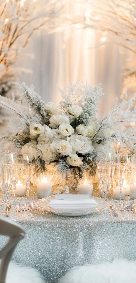 Elegant white winter wedding decor with soft lighting, cozy accents, and snowy aesthetic details perfect for urban and vintage wedding styles. Unique Winter Wedding Ideas, Winterwonder Land Wedding, Winter Wedding Centerpieces Elegant, Winter Theme Wedding, Winter Wedding Aesthetic, Silver And White Wedding, Winter Wedding Bride, Silver Winter Wedding, Weddings Decorations Elegant Romantic