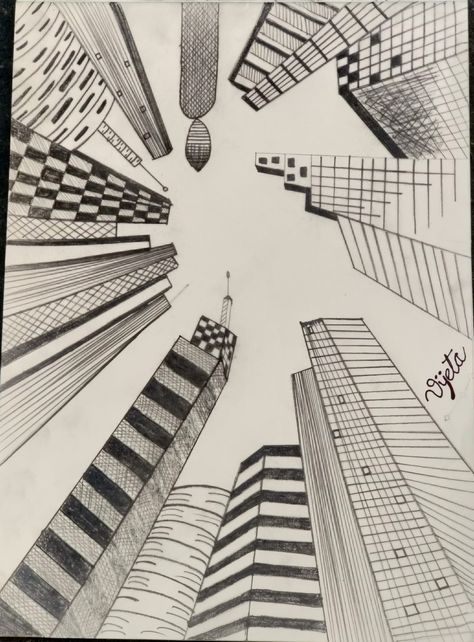 Sky Scrapers Drawing, One Point Perspective Art, Point Perspective Art, Cherry Blossom Decor, Sky Scrapers, Perspective Drawing Architecture, One Point Perspective, Architecture Sketches, Drawing Architecture