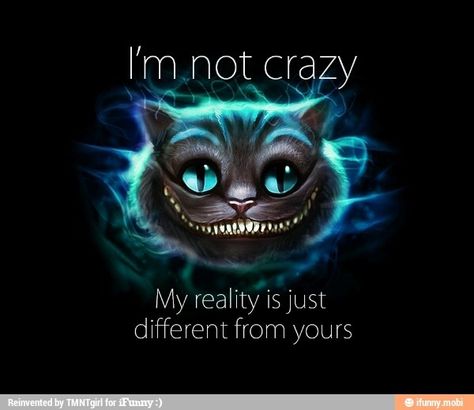 I'm not crazy , my reality is just different from yours . Creepypasta Quotes, Gatto Del Cheshire, Cheshire Cat Quotes, Cat Love Quotes, Cheshire Cat Alice In Wonderland, Wonderland Tattoo, Cats Case, Alice And Wonderland Quotes, Wonderland Quotes