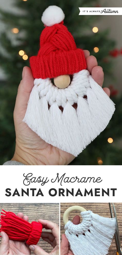 Diy Christmas Ornaments Santa, Macrame Santa Ornament Tutorial, Macrame Santa Pattern, Tiny Macrame Diy, Christmas Holiday Crafts For Adults, Macrame Christmas Ball Ornaments Diy, Christmas Crafts Macrame, Rope Ornaments Diy, Macrame Santa Gnome Tutorial