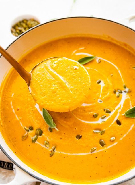 This creamy butternut squash soup pairs butternut with coconut milk, carrots, fresh ginger and sage for delicious soup with a vibrant orange color. Flexitarian Meals, Creamy Butternut Squash Soup, Soup Pairings, Frozen Butternut Squash, Spring Soups, Bird Food Recipes, Butternut Squash Cubes, Butternut Soup, Creamy Butternut Squash