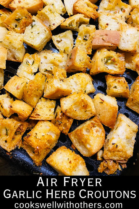 croutons in the air fryer Croutons Air Fryer, Air Fryer Croutons, Homemade Croutons Air Fryer, Homemade Garlic Croutons, How To Make Croutons In Air Fryer, Airfryer Croutons, Air Fryer Croutons Homemade, Homemade Croutons Easy Air Fryer, Soft Croutons Homemade