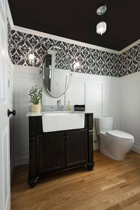 Always-on-Trend-20-Powder-Rooms-in-Black-and-White-6 Always-on-Trend-20-Powder-Rooms-in-Black-and-White-6 Black And White Powder Room, Bathroom Wallpaper Inspiration, White Powder Room, Medicine Design, Bathroom Wallpaper Modern, Traditional Powder Room, Powder Room Design Ideas, Wallpaper Powder Room, Wainscoting Bathroom