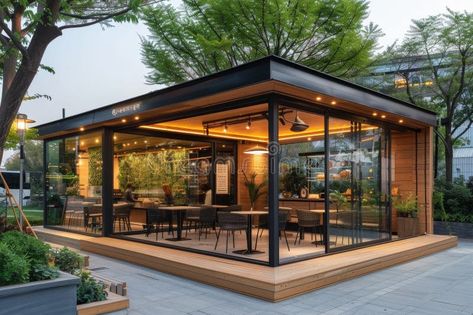 A small, modern building with a glass roof and wooden floors stock photography Outdoor Coffee Shop, Outside Restaurant, Backyard Restaurant, Restaurant Floor Plan, Outdoor Restaurant Patio, Rooftop Restaurant Design, Restaurant Exterior Design, Coffee House Design, Glass Porch