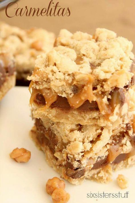 Carmelitas Carmelitas Recipe, Six Sisters Recipes, Caramel Cookies Bars, Cake Mix Cookie Bars, Six Sisters Stuff, Caramel Bits, Six Sisters, Caramel Cookies, Bars Cookies