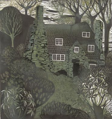 Stoneywell by Sarah Kirby Reduction Print, Linocut Art, Woodcuts Prints, Relief Print, Art Uk, Greeting Card Set, Arts And Crafts Movement, Historical Architecture, Lino Print