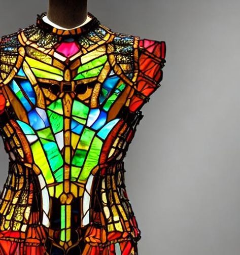 Stained Glass Character Design, Stained Glass Costume, Stained Glass Armor, Stained Glass Outfit, Stained Glass Corset, Stained Glass Character, Stained Glass Dress, Glass Armor, Bard Character