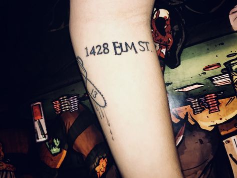 Horror movie tattoo idea 1428 elm street house number #Horrortats #horrortattoo #smalltattoo Nightmare On Elm Street Tattoo Ideas, Horror Movie Patchwork Tattoo, Small Horror Movie Tattoo Ideas, The Conjuring Tattoo, Simple Horror Movie Tattoos, Nightmare On Elm Street Tattoo, Small Horror Tattoo Ideas, Small Horror Tattoo, Horror Movie Flash Tattoo