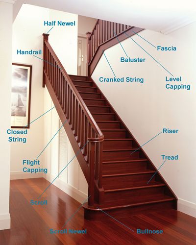 Staircase Glossary Closed Staircase, Basement Stairs Remodel, Stairs Trim, Stairs And Doors, Stairs Stringer, Open Stairs, Handrail Design, Staircase Handrail, Stair Railing Design