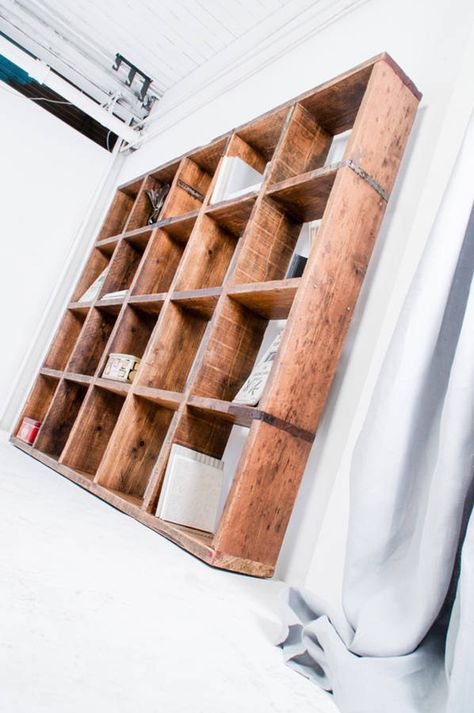 Philip Reclaimed Pine 20 Aperture Display Cube Fixture from notonthehighstreet.com Loft Snug, Fireplace Alcove, Working Inspiration, Scaffold Furniture, Cube Display, Alcove Shelves, Cedar Stain, Showroom Ideas, Wood Cube