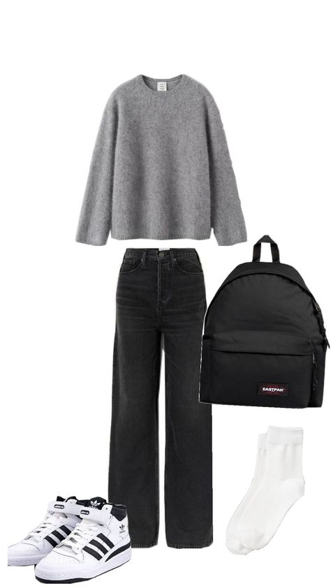 hello there IS a cool outfit Idea for you 💞 Dark Grey Sweatshirt Outfit, Black Outfit For School, Easy Outfit Ideas For School, Grey Sweatshirt Outfit, Gray Sweatshirt Outfit, Easy Outfit Ideas, Winter Outfits For School, Outfit Ideas For School, Outfit For School