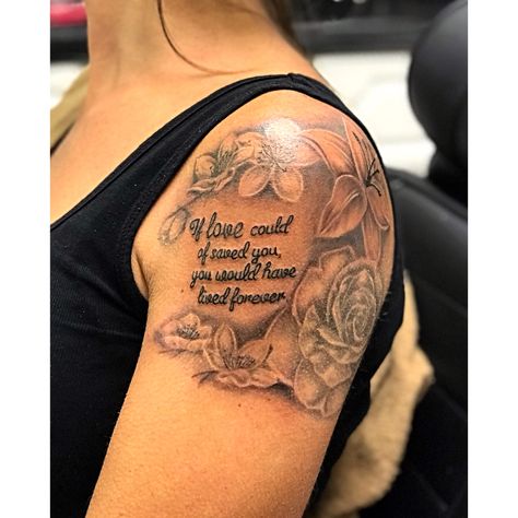 Memorial Tattoo Black Women, Girly Memorial Tattoos, Shoulder Tattoos For Women Memorial, In Memory Rose Tattoos, Rose Remembrance Tattoo, Rose Tribute Tattoos, Rose Memorial Tattoo Mom, Memorial Sleeve Tattoos For Black Women, Memorial Arm Tattoos For Women