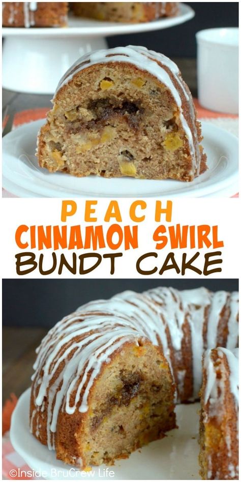 Peach Cinnamon Swirl Bundt Cake Peach Bundt Cake, Swirl Bundt Cake, Cake Inside, Recipe For Summer, Swirl Cake, Peach Cake, Dessert Cake Recipes, Delicious Cake Recipes, Peach Recipe