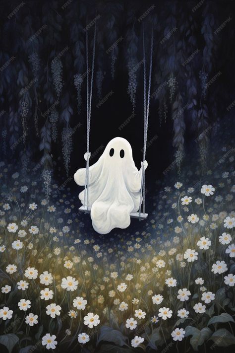 Premium Photo | There is a ghost sitting on a swing in a field of flowers generative ai Cute Ghost Background, Ghost Sitting Drawing, Ghost Swinging, Ghost In Forest Drawing, Cute Ghost With Flowers, Ghost Sitting, Dancing Ghosts, Ghosts Cute, Ghost In Field Painting