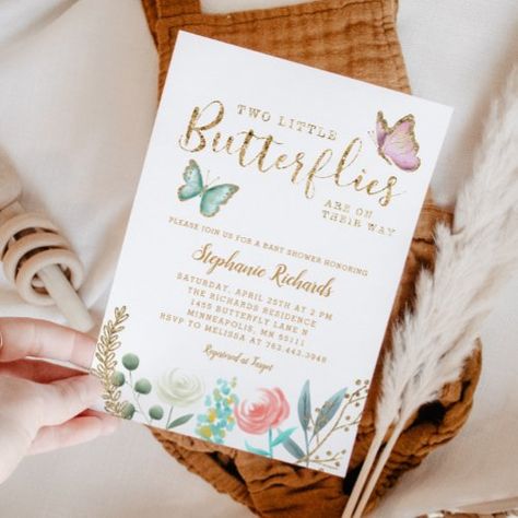 TWINS Butterfly Garden Gold Baby Shower for $2.80 - Baby Shower Invitations Butterfly Baby Shower Theme, Butterfly Baby Shower Invitations, Butterfly Invitations, Twins Baby Shower Invitations, Gold Baby Shower, Twins Baby, Butterfly Baby Shower, Twins Baby Shower, Gold Baby Showers