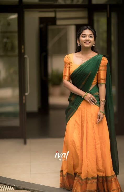 Half Saree Simple Traditional, Simple Blouse Designs For Half Saree, Halfsarees Traditional Simple, Dhavani Blouse Ideas, Simple Dhavani, Tamil Traditional Dress, Tamil Half Saree, Half Saree Ideas Simple, Narayanpet Blouse Designs