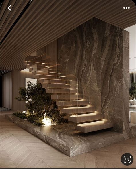 Stone And Wood Architecture, Modern Home Stairs, Modern Wood Stairs, Unique Staircase Ideas, Modern Stairs Ideas, Under Stairs Design, Stone Stairs Interior, Unique Stairs, Stairs Designs