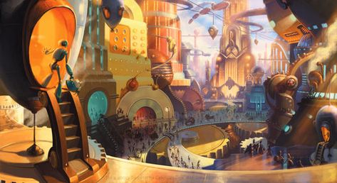 Robot City Concept Art by Michael Knapp for 2005's Robots #Decopunk #Retrofuturism Blue Sky Movie, Robot City, William Joyce, Blue Sky Studios, Film Design, Robots Concept, Visual Development, Environment Design, Dieselpunk