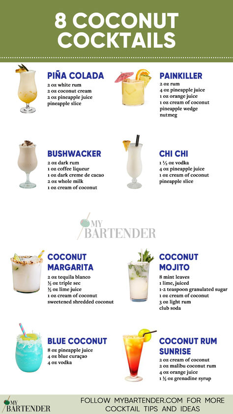 Coconut Cocktails Coconut Cocktails, Cream Cocktails, Bartender Drinks Recipes, Cream Of Coconut, Bartender Drinks, Cocktail Drinks Alcoholic, Homemade Soda, Coconut Drinks, Yummy Alcoholic Drinks