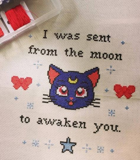 Sailor Moon Cross Stitch, Moon Cross Stitch Pattern, Luna Cat, Moon Cross Stitch, Beaded Cross Stitch, Embroidery Craft, Alpha Patterns, Cross Stitch Art, Craft Diy