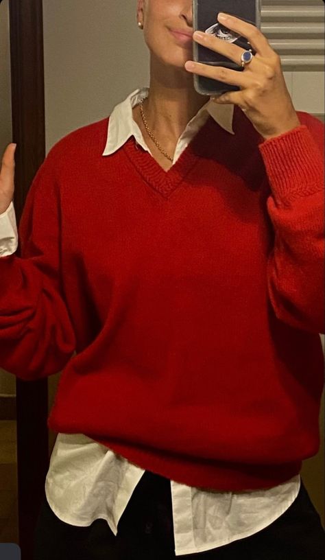 Red White Aesthetic Outfit, Red Shirt Winter Outfit, Red Wool Sweater Outfit, Red And White Sweater Outfit, Masc Christmas Outfits, Red Turtleneck Outfit Aesthetic, How To Style Red Sweater, Red Sweater Outfit Casual, Red V Neck Sweater Outfit