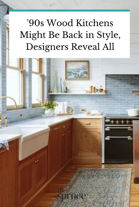 Designers weigh in on the latest kitchen trend question: are honey-colored maple cabinets from the 90s really back in style? Read all you need to know before renovating your kitchen and how you can update wooden cabinets to keep them fresh. #woodencabinets #kitchencabinetstyling #kitchencabinetupgrades #warmkitchens #apartmentdecor #apartmentdecoratingonabudget #apartmentliving #smallspacedecorating #thespruce Wooden Upper Kitchen Cabinets, Types Of Kitchen Cabinets Styles Wood, Wooden Cabinet Kitchen Ideas, Knobs For Honey Oak Kitchen Cabinets, Modernize Wood Kitchen Cabinets, White Kitchen With Wood Cabinets, Update Wooden Kitchen Cabinets, Butterscotch Kitchen Cabinets, 90s Cabinet Makeover Oak Kitchens