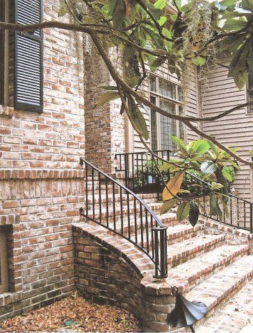 Handmade Brick Stairway Old Carolina Brick, Front Porch Stairs, Brick Porch, Front Porch Railings, Patio Stairs, Porch Stairs, Front Porch Steps, Wrought Iron Stair Railing, Front Stairs