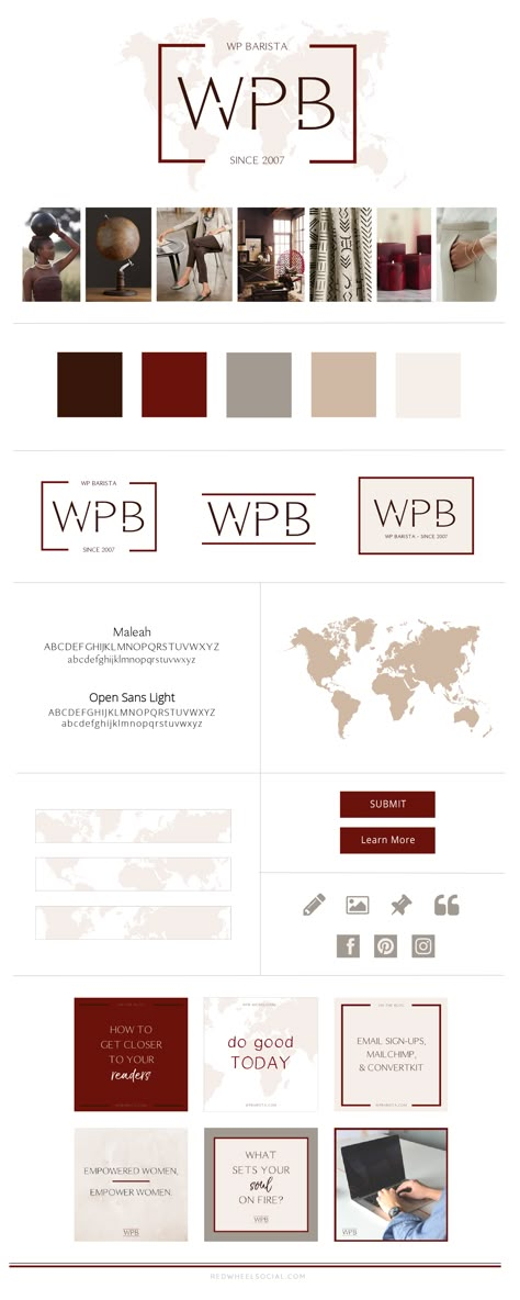 Visual Brand Board for WPB Barista that showcases the logo, colors, fonts, and social media graphics. The brand is worldly and neutral with beige, cream, taupe, and a deep red, almost maroon accent color. Red Branding Board, Burgundy Branding Board, Dark Rich Color Palette, Maroon Graphic Design, Burgundy Graphic Design, Burgundy Website Design, Red Branding Color Palette, Burgundy Mood Board, Brand Pallete