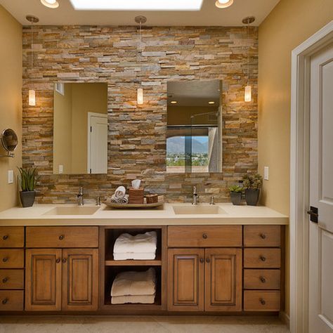 Bathrooms - traditional - Bathroom - Phoenix - Arizona Designs Kitchens and Baths Teeth Funny, Built In Bathtub, Bathroom Vinyl, Sandberg Wallpaper, Mirror Decal, Stone Backsplash, Stone Bathroom, Funny Bathroom, Bathroom Redo