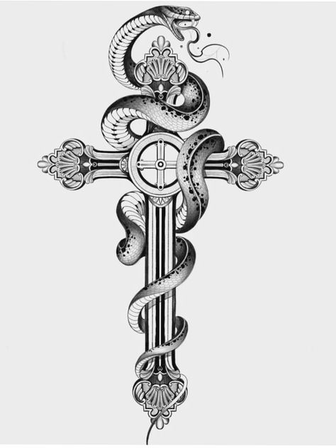 Cross And Snake Tattoo Design, Cross And Snake Tattoo, Cross Snake Tattoo, Cross With Snake Tattoo, Snake Cross Tattoo, Cross With Snake, Celtic Snake, Chicano Tattoos Sleeve, Black And White Snake