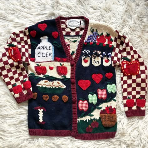 Look what I just found on Depop ✋  https://depop.app.link/MP9ycfh8HU Granny Sweaters, Silly Sweaters, Patches On Sweater, Fun Cardigans, Fun Sweater, Funky Clothes Aesthetic, Funky Sweaters Aesthetic, Apple Sweater, Weird Cardigan