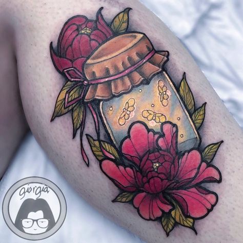 Lightning Bug Jar, Tip Jar Ideas, Jar Tattoo, Lightning Bugs, Lightning Bug, Tip Jar, Jar Ideas, Body Is A Temple, Tattoo Artist