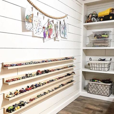 This is total organization GOALS! How great are these wooden shelves for all those hundreds of Hotwheels cars?!  Image: @alwayschasinglife Shiplap Nursery, Kids Playroom Storage, Ikea Playroom, Small Playroom, Playroom Storage, Playroom Design, Baby Closet, Playroom Organization, Nursery Organization