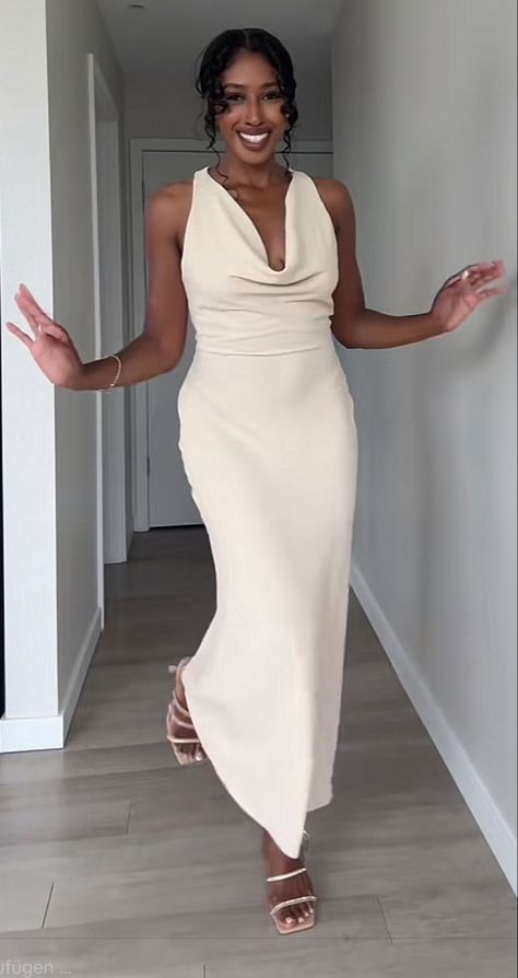 A light creme colored maxi dress with matching open toed heels #elegant #summer #dark feminine #dress Cream Halter Neck Party Dress, Fitted Cream Halter Neck Dress, White Fitted Halter Dress, Flirty Style, Luxury Feminine Off-white Midi Dress, White Herve Leger Dress, Creme Color, Elegant Dresses Classy, Feminine Dress, Piece Of Clothing