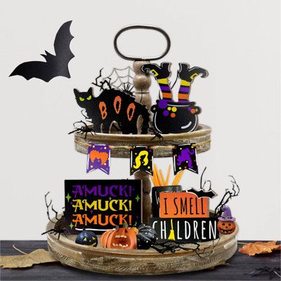 7 pieces Halloween tiered tray decorations set is a perfect addition to your home decoration, which will bring a strong Halloween atmosphere to your home. You will get 1 × “I SMELL CHILDREN” sign, 1 × black cat sign, 1 × square “AMUCK!” sign, 1 × witch legs sign and 3 × witch sign. With the halloween tiered tray decor, you can spend a wonderful Halloween with your family. Please notice that tiered tray is not included. The tiered tray decor is made of premium wood material, which is durable, smo Hocus Pocus Halloween Decor, Hocus Pocus Decorations, Halloween Tray, Tiered Tray Decorations, Halloween Tiered Tray Decor, Monster Decorations, I Smell Children, Hocus Pocus Witches, Thanksgiving Snacks