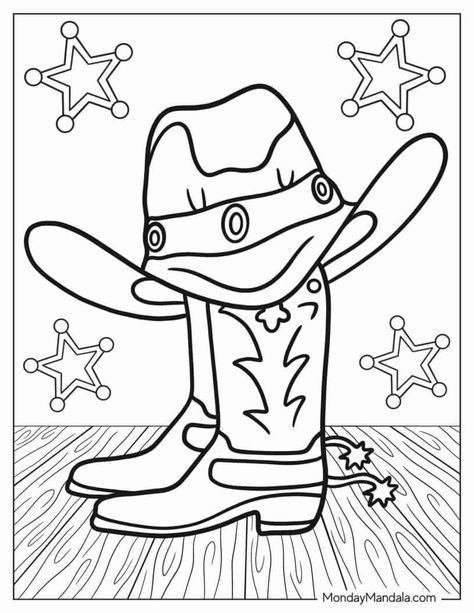 Rodeo Coloring Pages Free Printables, Cowboy Printables Free, Cowboy Arts And Crafts For Kids, Western Day Activities For Preschool, Cowboy Hat Coloring Page, Western Day Activities, Cowboy Boot Coloring Page, Wild Wild West Crafts, Free Western Coloring Pages