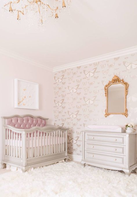 Design Reveal: Traditional Butterfly Nursery for Twins - Little Crown Interiors Butterfly Nursery Gender Neutral, Butterfly Flower Nursery, Butterfly Themed Nursery Girl, Baby Girl Nursery Butterflies, Anastasia Nursery, Nursery Butterfly Theme, Butterfly Theme Nursery, Avery Nursery, Butterfly Nursery Theme