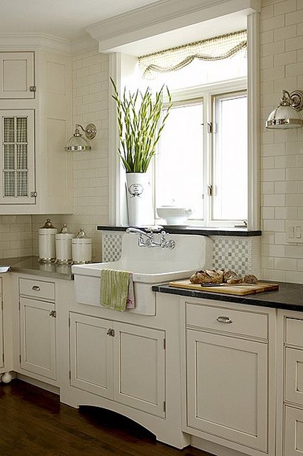 Shaker Cabinets and Apron Sink - House and Home different counters: steel and granite. Love the contrast Dapur Ikea, Simple Farmhouse Kitchen, Kabinet Dapur, Farmhouse Kitchen Cabinets, Kitchen Farmhouse, Backsplash Ideas, Modern Farmhouse Kitchens, Kitchen Redo, Ikea Kitchen