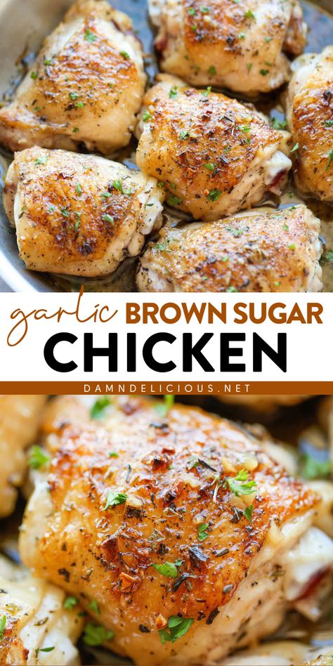 You're going to love this garlic brown sugar chicken recipe! Crisp tender with a sweet sauce, these chicken thighs are an amazing main dish for dinner. Put this simple dinner idea on your rotation! Brown Sugar Chicken Thighs, Chicken Thighs Dinner, Garlic Brown Sugar Chicken, Easy Chicken Recipe, Brown Sugar Chicken, Brown Sugar Recipes, Easy Chicken Thigh Recipes, Chicken Thigh Recipes Baked, Simple Dinner