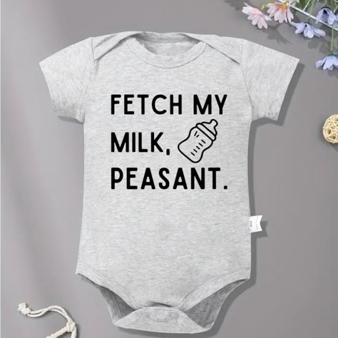 Soft Comfortable Versatile Round Neck Bodysuit For Infants Fetch Me My Milk Peasant, Funny Sarcastic Baby Outfit Nwt Grey And Black Baby Onsies Funny, Mother To Be, Cricut Baby, Baby T Shirts, Milk Bottle, Baby Shirts, Summer Baby