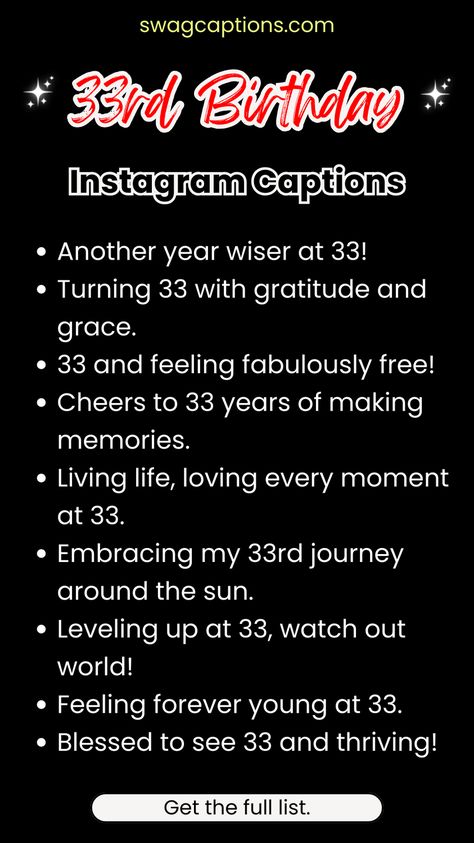 Celebrate your 33rd milestone in style with these trendy and heartfelt Instagram captions! Find the perfect words to capture every moment of your special day. Let your birthday shine with 33rd Birthday Instagram Captions. 33 Birthday Caption Ideas, 33rd Birthday Quotes For Her, 33 Years Old Birthday Quotes, 32 Year Old Birthday Ideas, Hello 33 Birthday, 32 Birthday Quotes, 33 Birthday Quotes, 33 Birthday Ideas Women Theme, Birthday 33 Woman