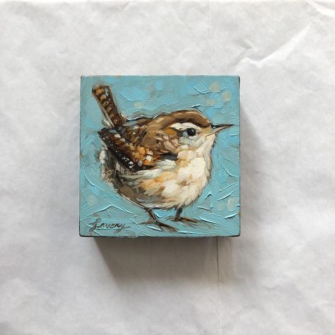 Textured Bird Painting, Andrea Lavery, Birds Acrylic Painting, Wren Painting, Paintings Of Birds, Carolina Wren, Tiny Paintings, Bird Paintings On Canvas, Animal Paintings Acrylic